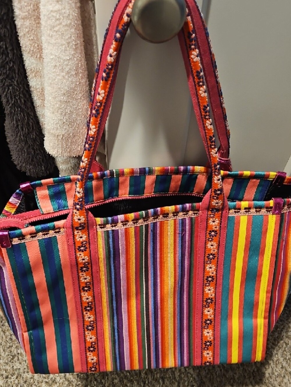 Colorful Striped Tote Bag - Multicolor Pink Trim - Picture 4 of 7